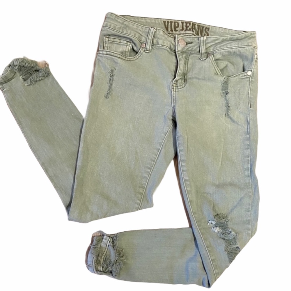 VIP Army Green Distressed Skinny Jeans Size 5/6